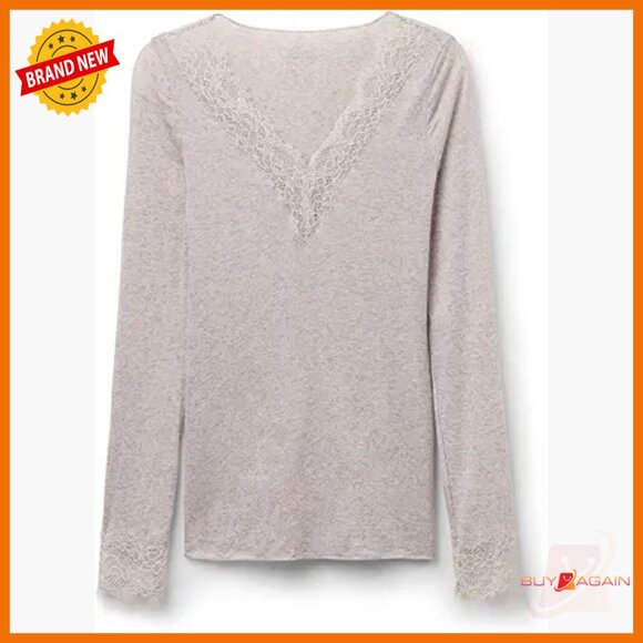 Sheer Cashmere Lace Long Sleeve Blouse Slim Fit Lightweight Layering Top